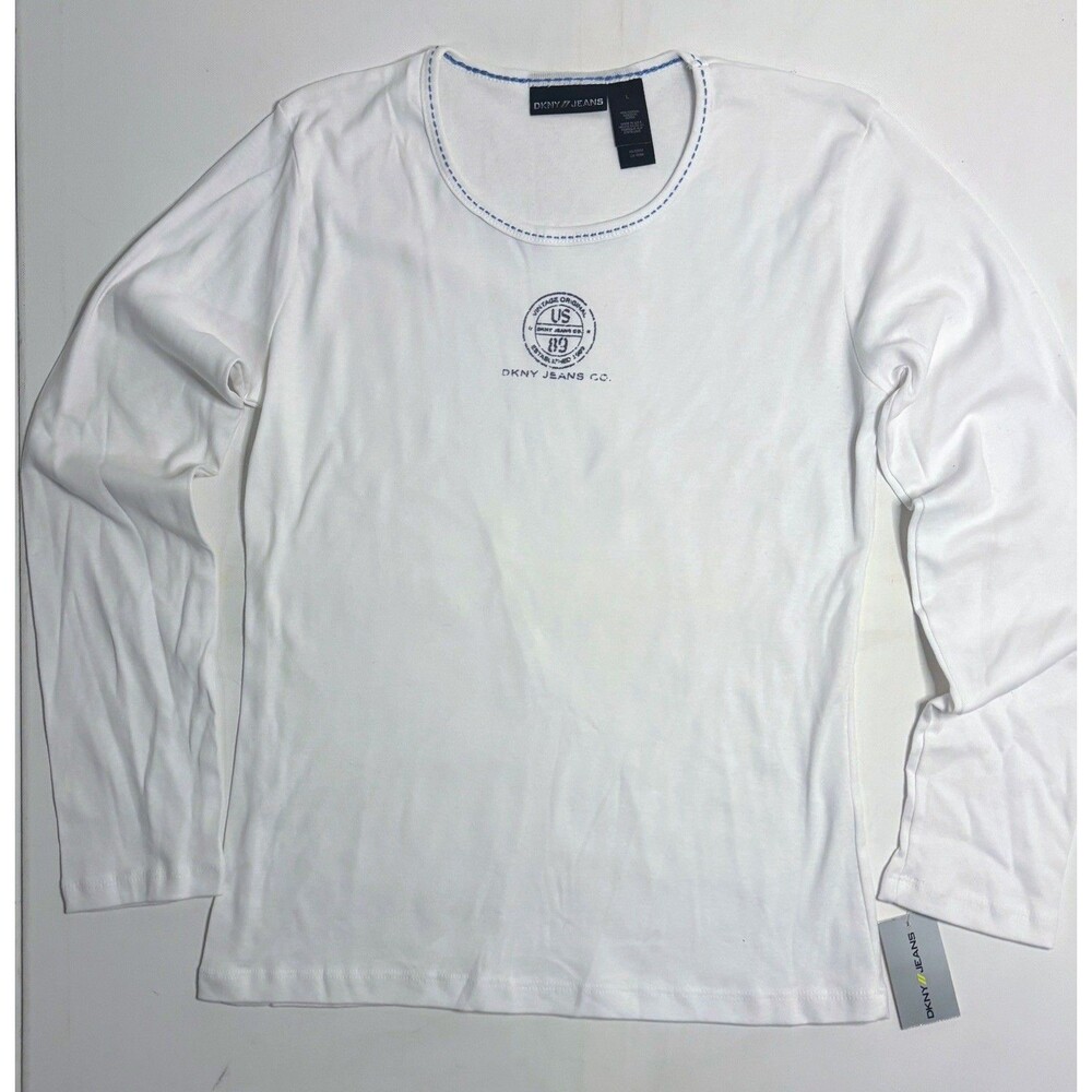 DKNY Jeans Sport Top WomenL White Long Sleeve Logo Fitted Stretch Casual New Y2K